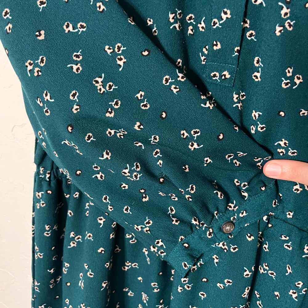 LOFT Teal Floral Long Sleeve‎ Mini Dress Medium Petite - Picture 5 of 7